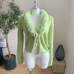 Wild Fable Light Green Faux Fur Collar Cardigan M